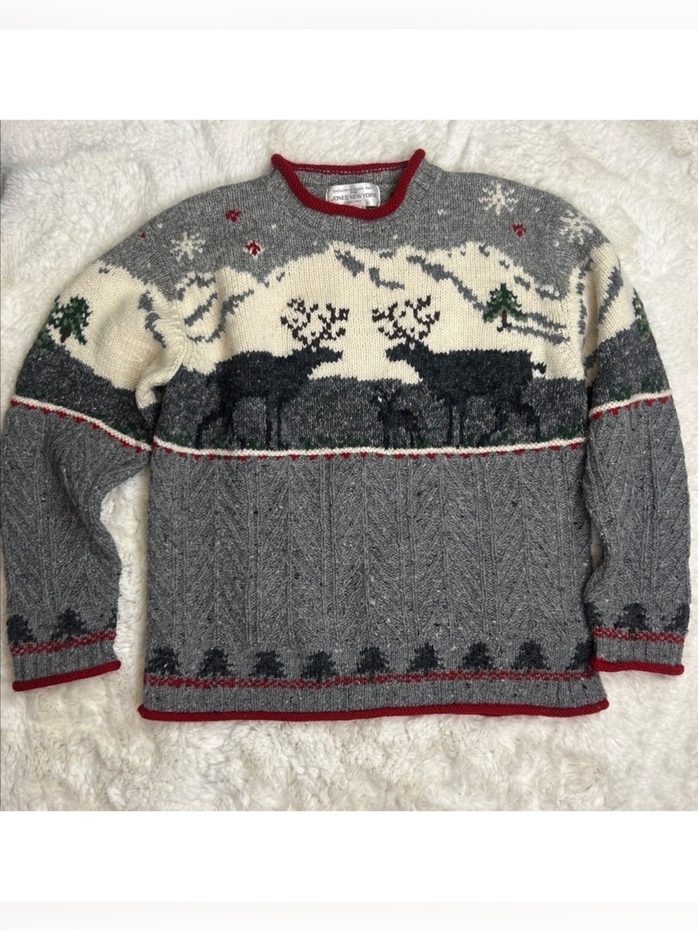 VTG Chunky Nordic Sweater Hand Knit Wool Lambswool Reindeer by Jones New York